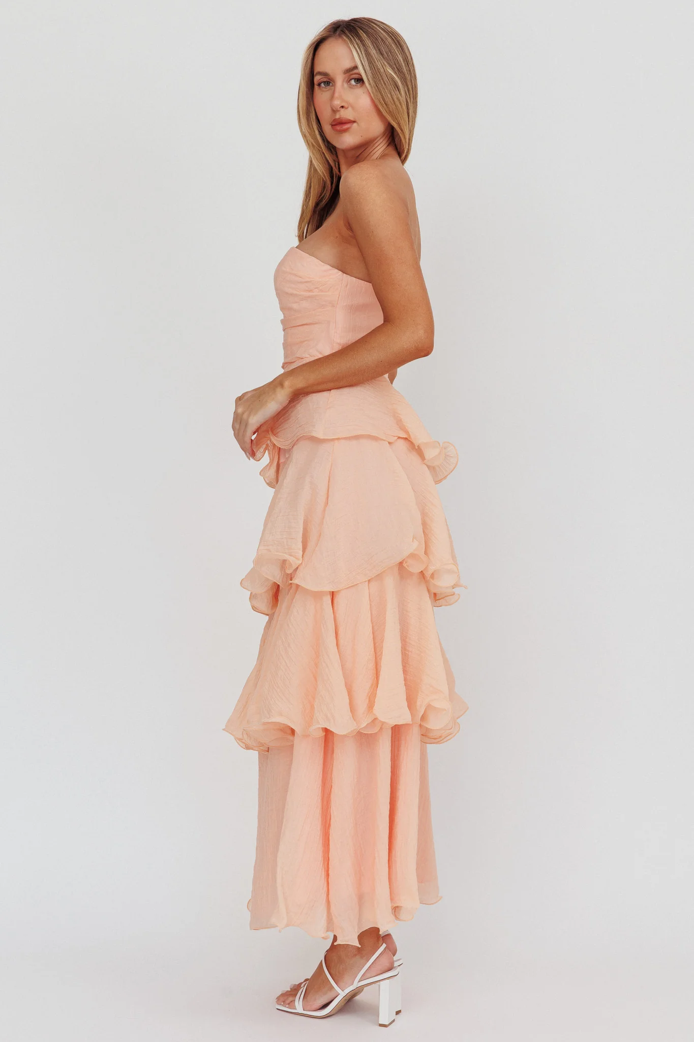 Giavana Strapless Layered Ruffles Midi Dress Blush