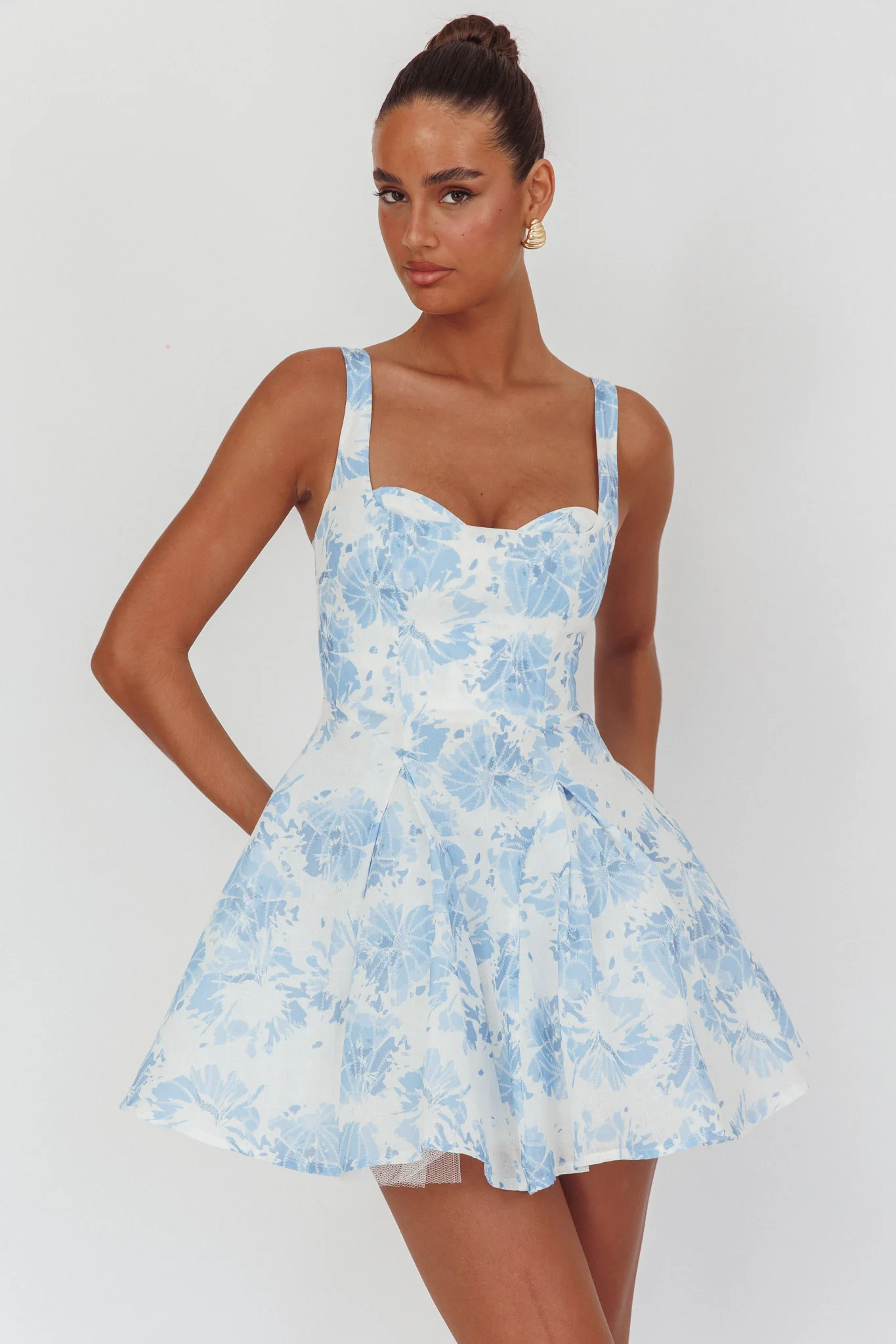 Get My Attention Off-Shoulder Mini Dress Floral Blue