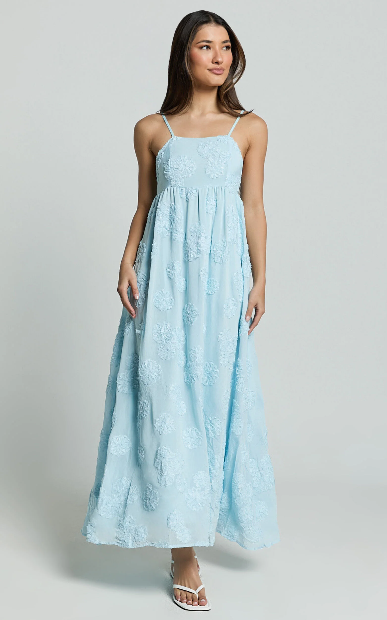 Claya Maxi Dress - Sleeveless Straight Neckline Floral Detail Dress in Pale Blue