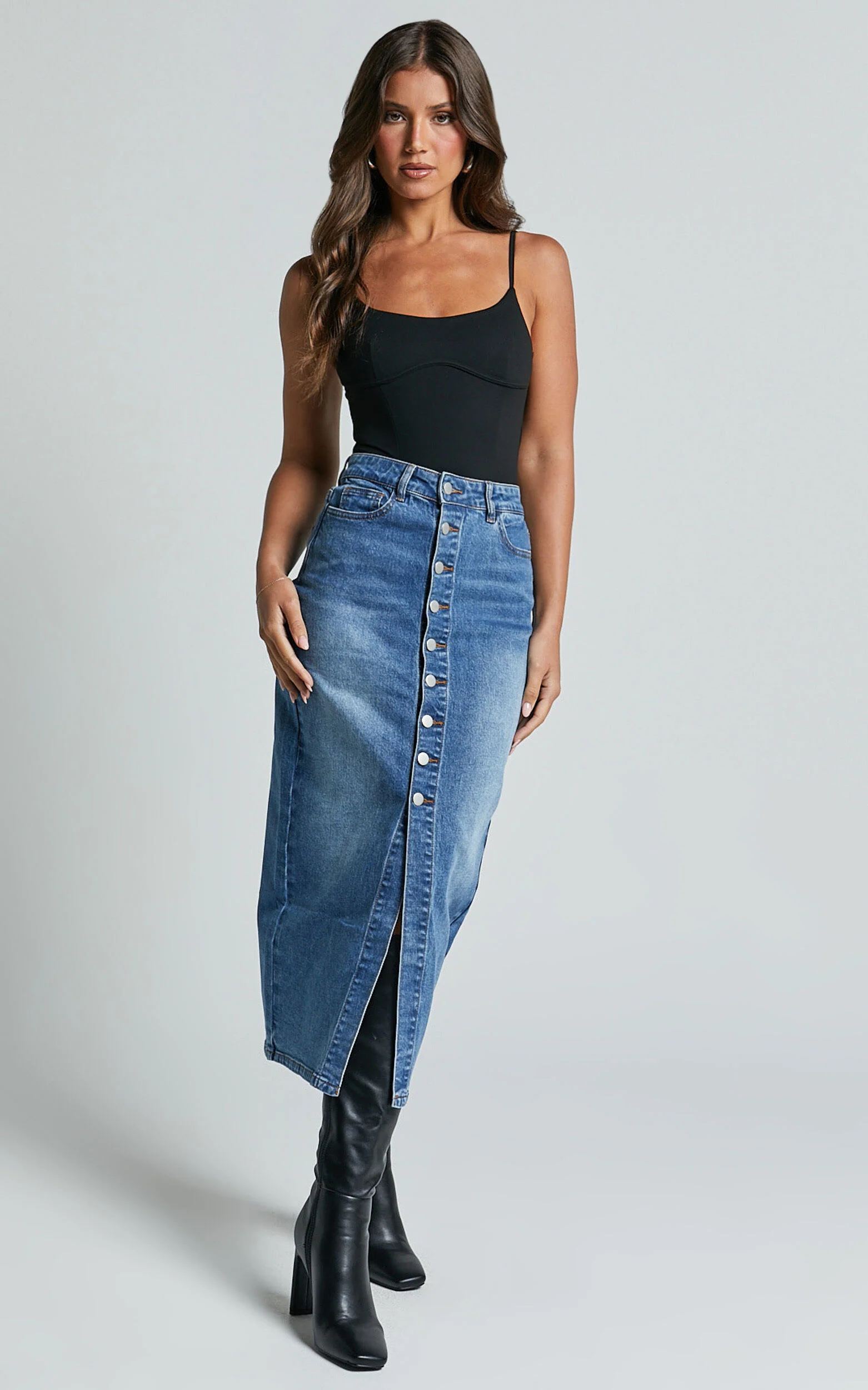 Tina Midi Skirt - High Waist Button Through Recycled Denim Skirt in Mid Blue Wash