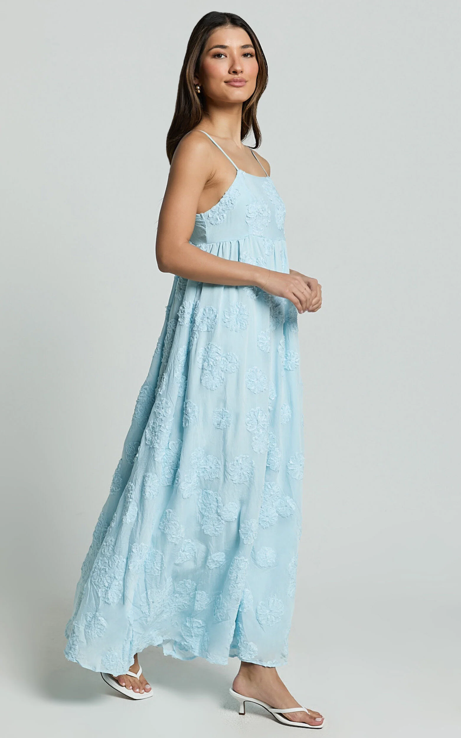 Claya Maxi Dress - Sleeveless Straight Neckline Floral Detail Dress in Pale Blue