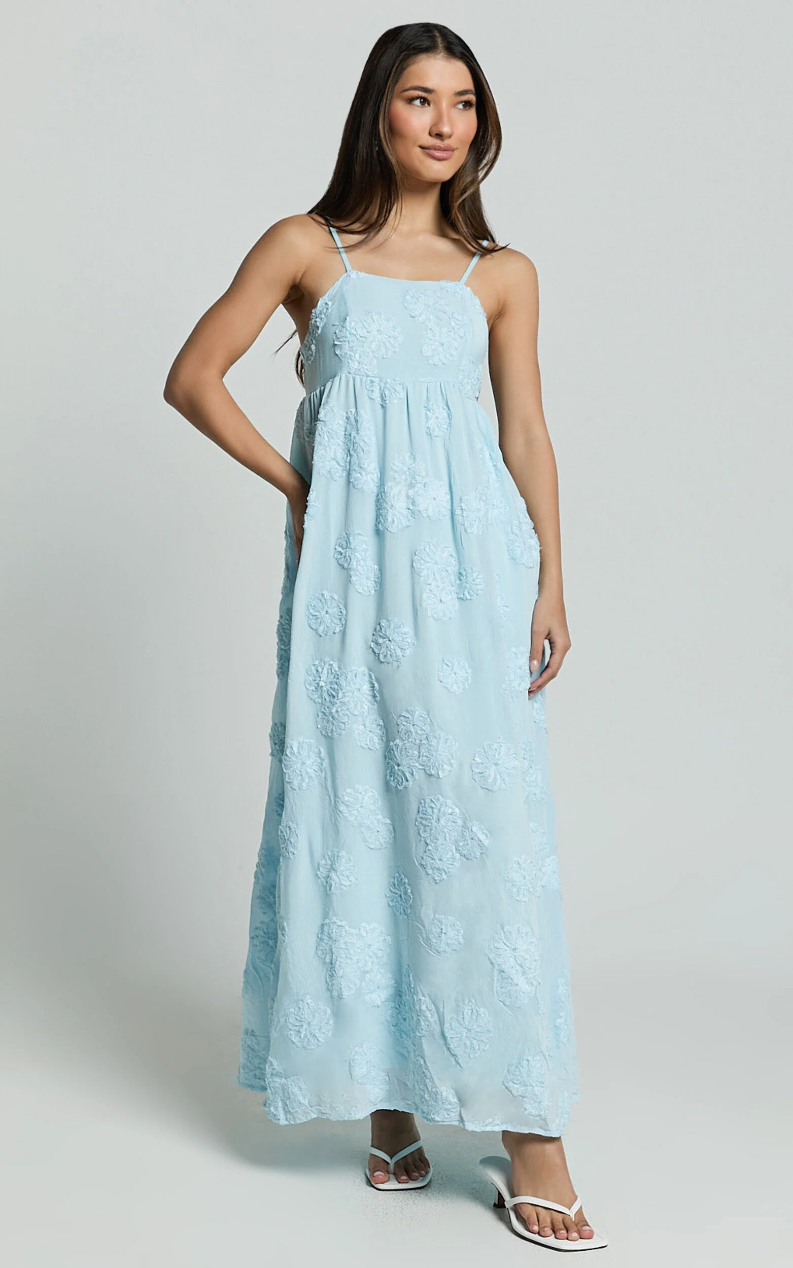 Claya Maxi Dress - Sleeveless Straight Neckline Floral Detail Dress in Pale Blue