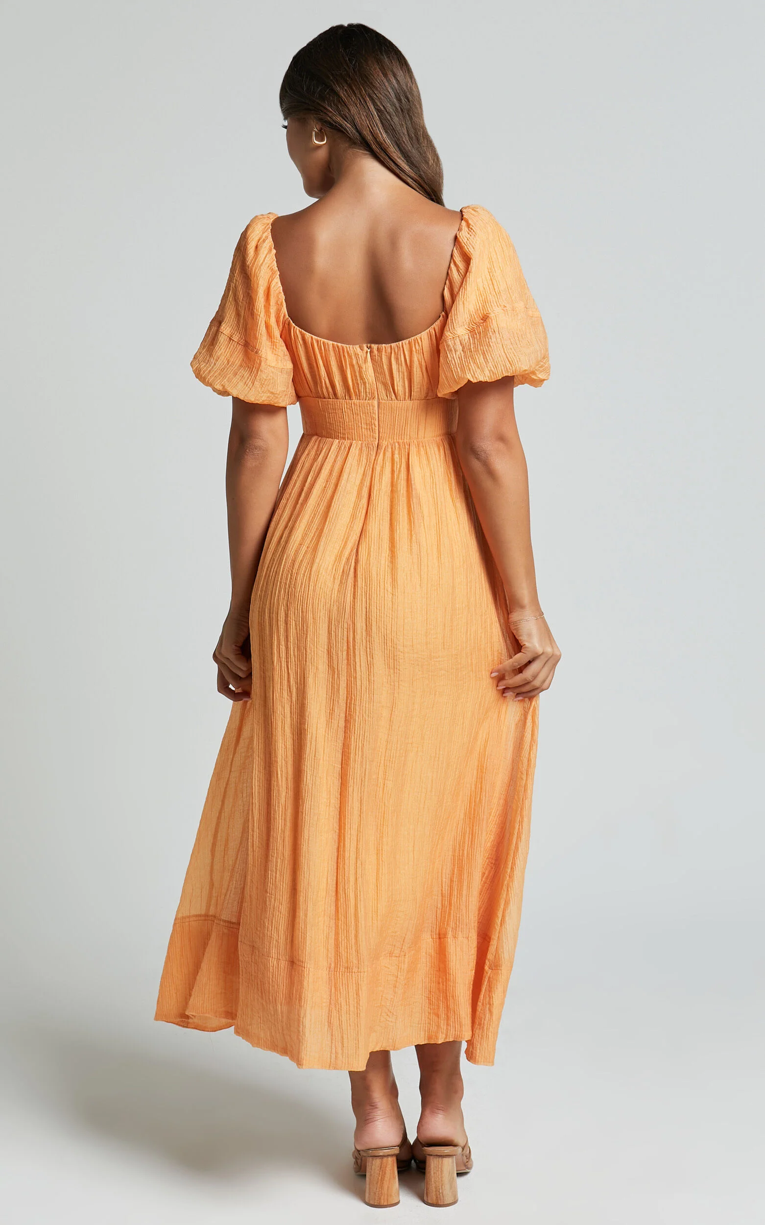 Roshina Midi Dress - Straight Neck Puff Sleeve Dress in Orange