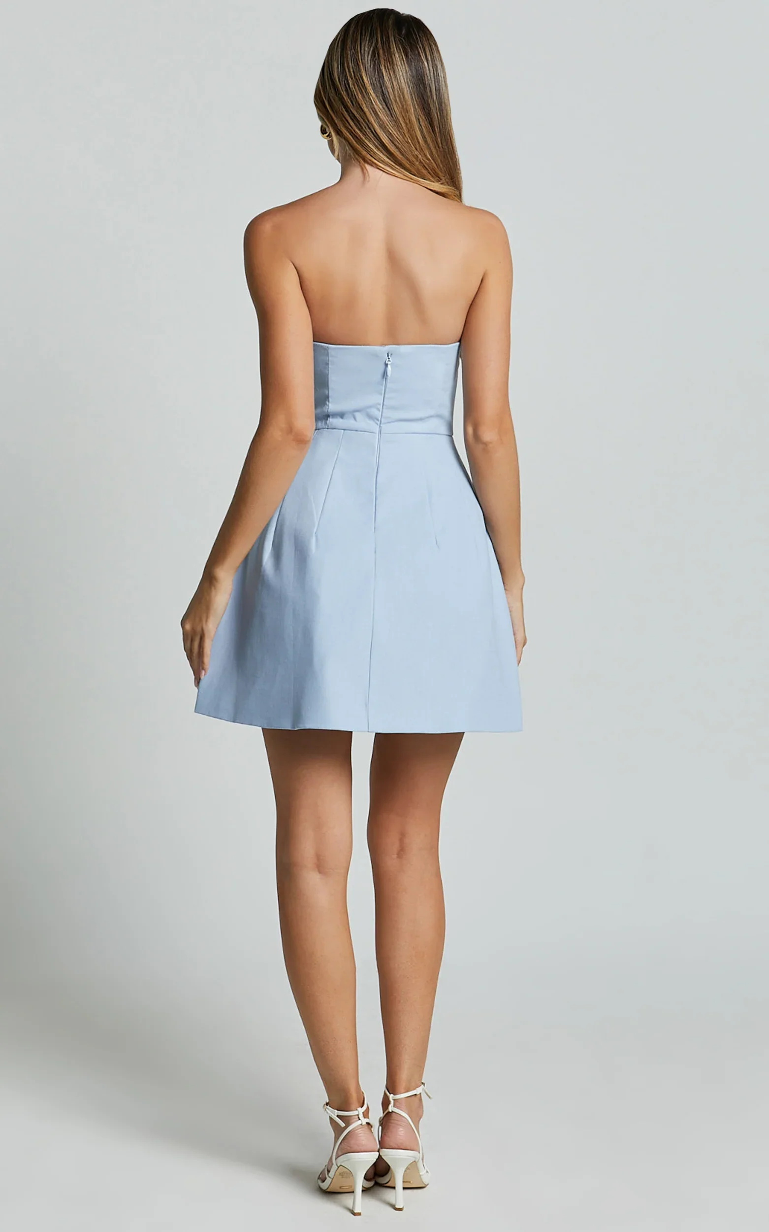 Chika Mini Dress Linen Strapless Front Bow Dress in Pale Blue