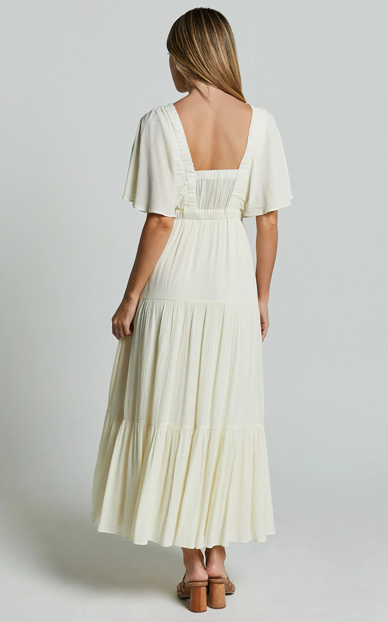 Danny Midi Dress - Ruffle Sleeve Tiered Dress in Natural