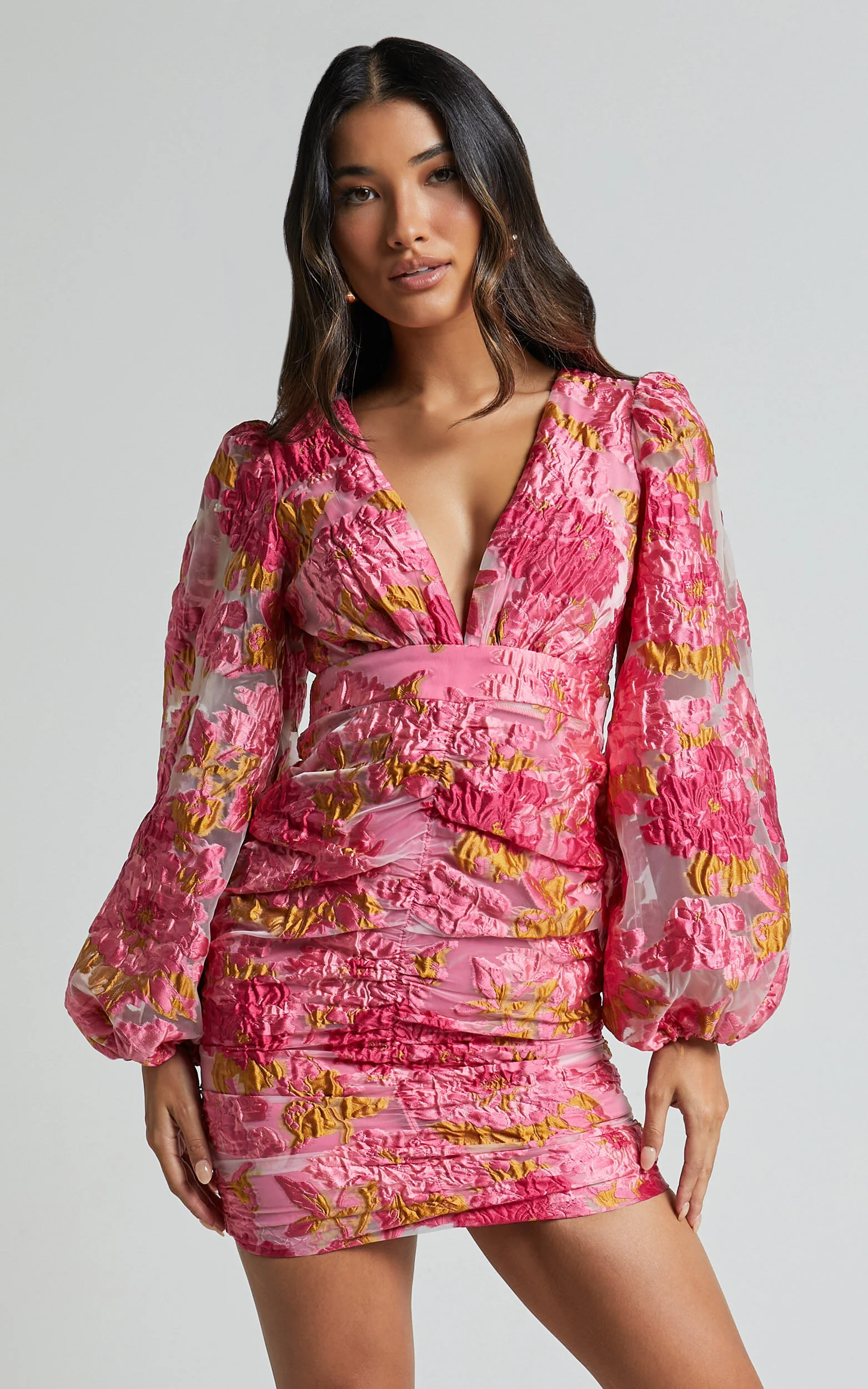 Farrah Mini Dress - Plunge Neck Long Sleeve Bodycon Dress in Pink