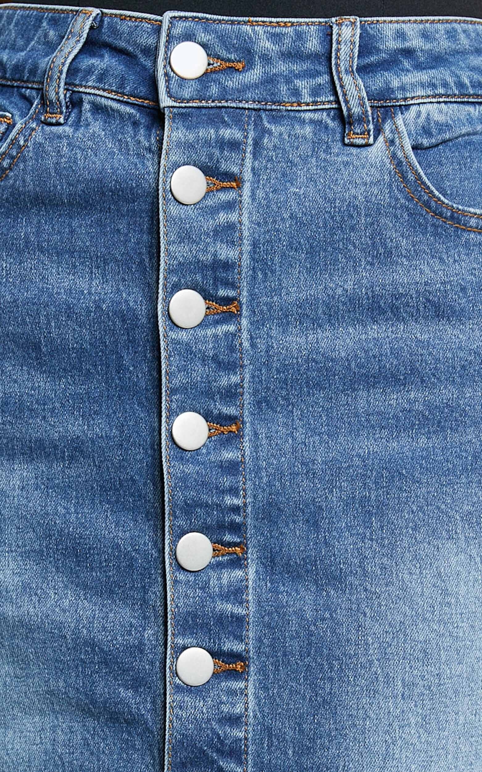 Tina Midi Skirt - High Waist Button Through Recycled Denim Skirt in Mid Blue Wash