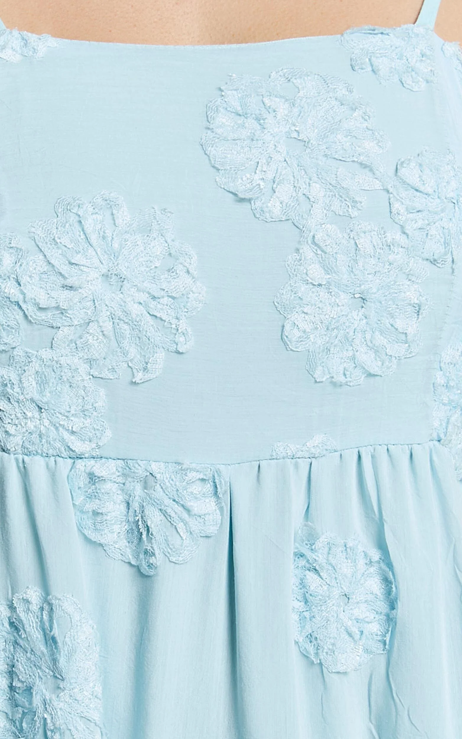 Claya Maxi Dress - Sleeveless Straight Neckline Floral Detail Dress in Pale Blue