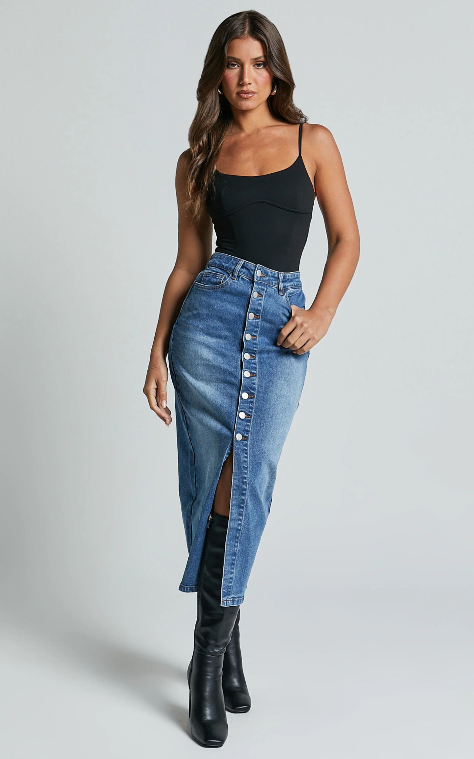 Tina Midi Skirt - High Waist Button Through Recycled Denim Skirt in Mid Blue Wash