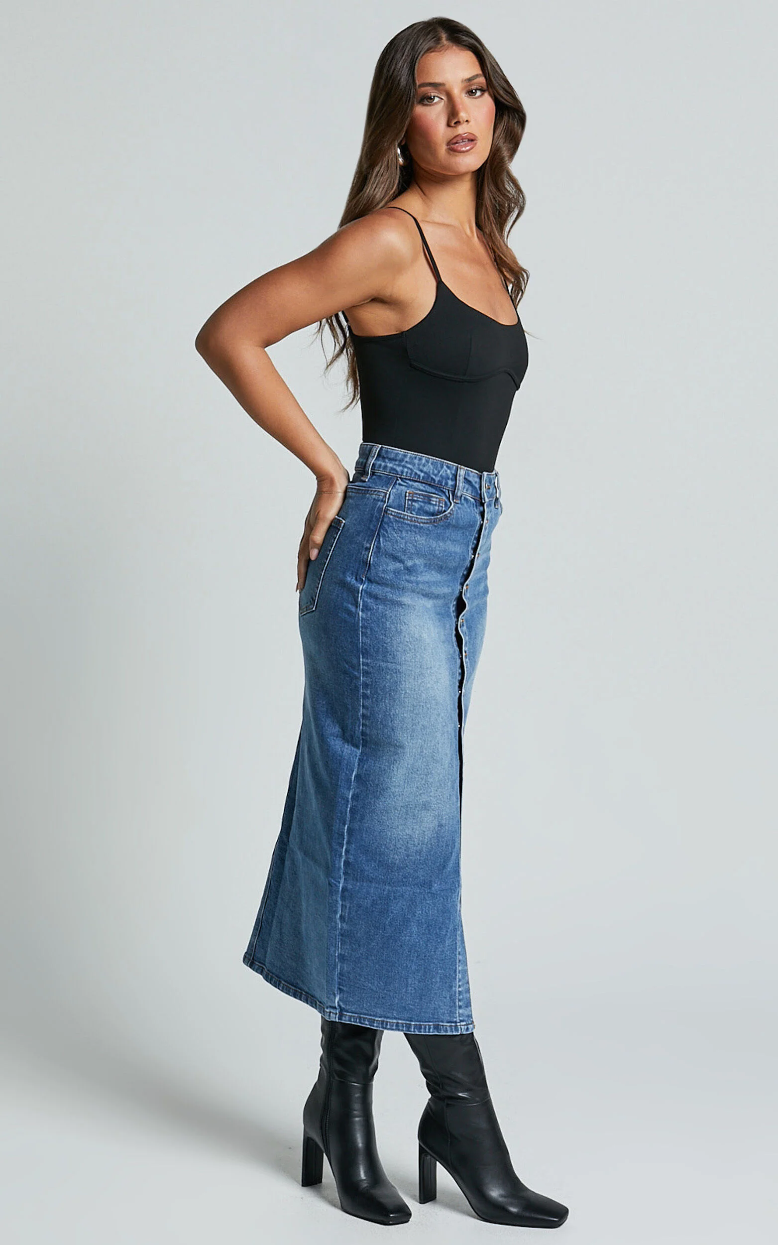 Tina Midi Skirt - High Waist Button Through Recycled Denim Skirt in Mid Blue Wash