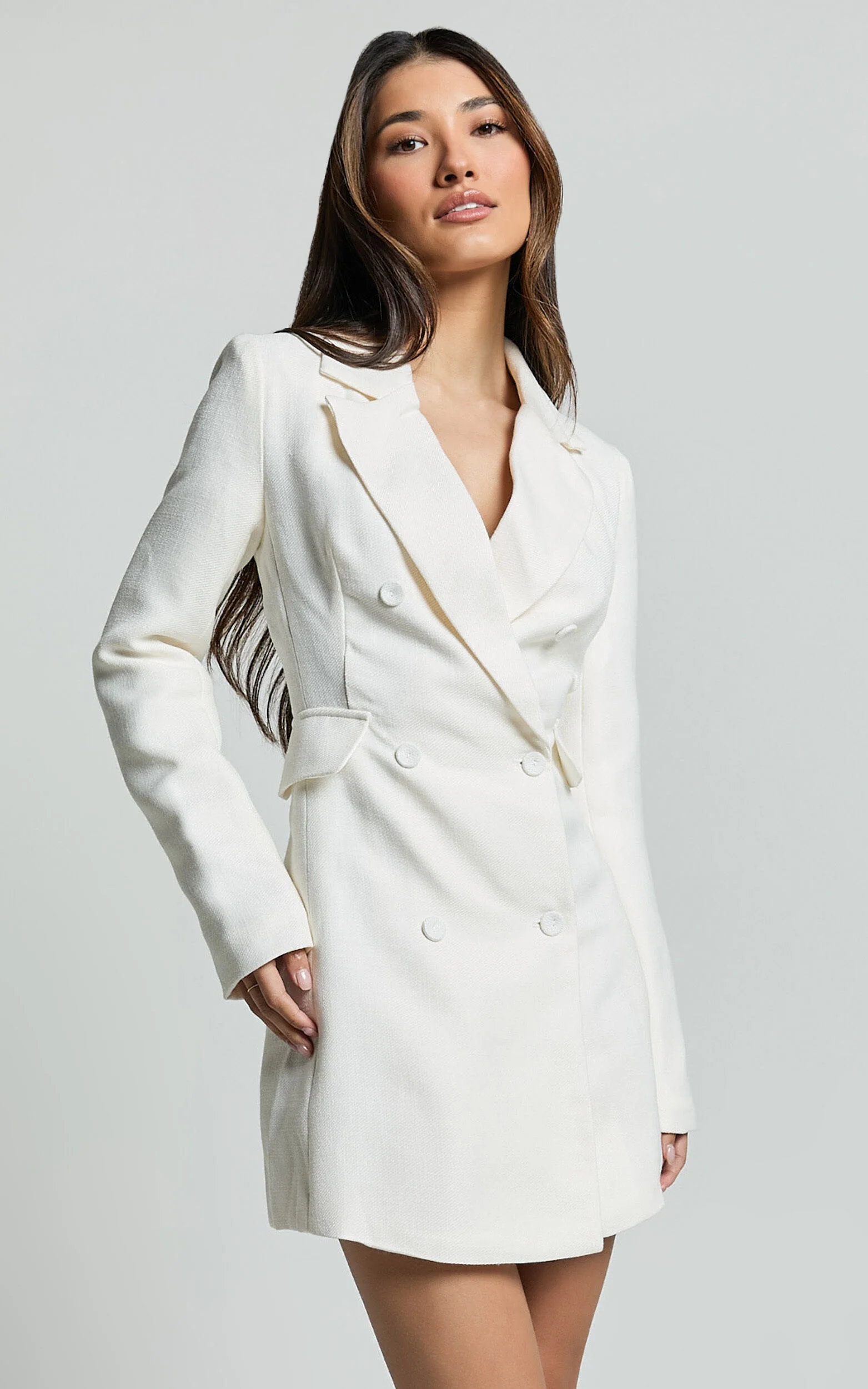 Tiana Mini Dress - Double Breasted Collared Jacket Dress in Ivory