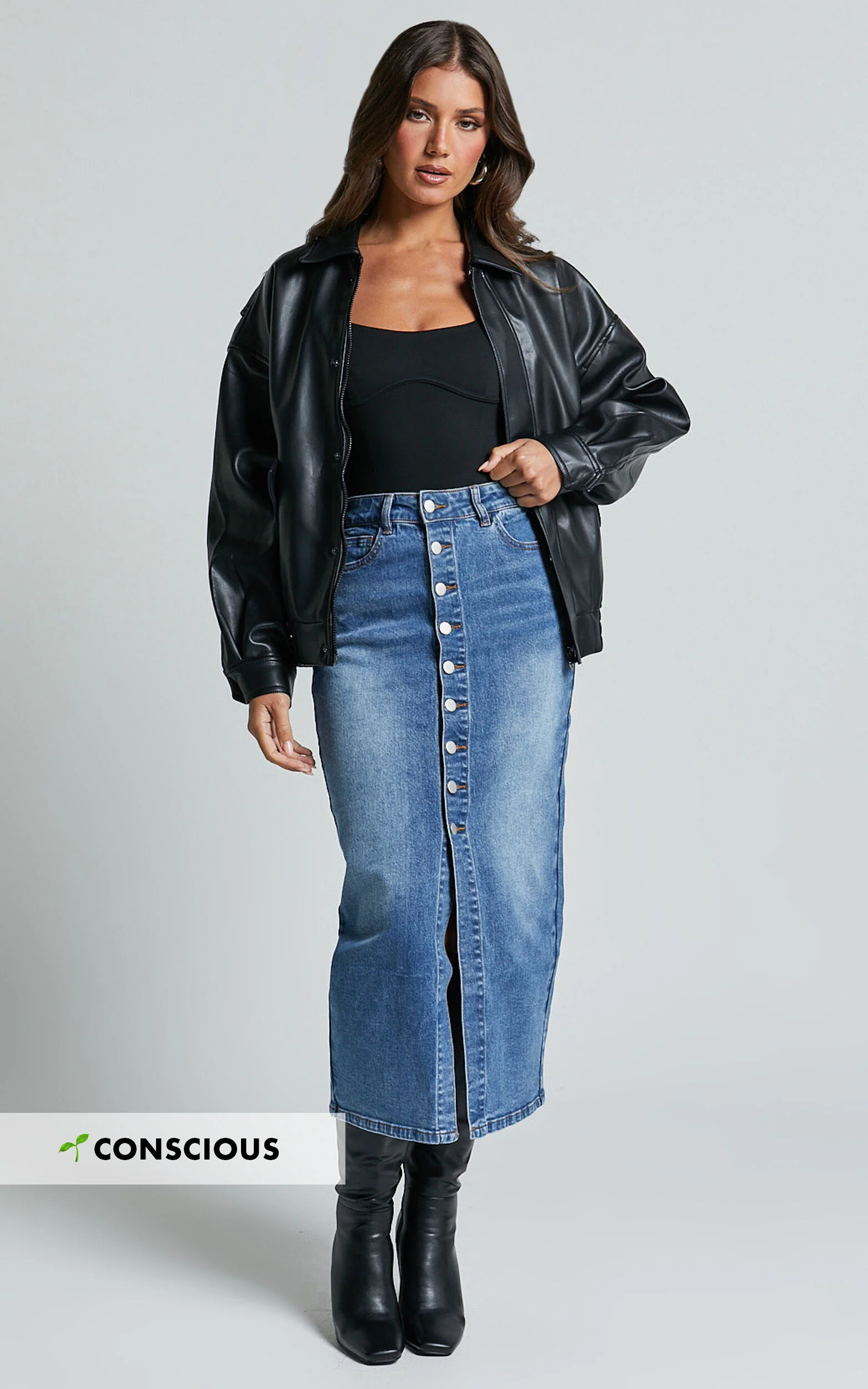 Tina Midi Skirt - High Waist Button Through Recycled Denim Skirt in Mid Blue Wash