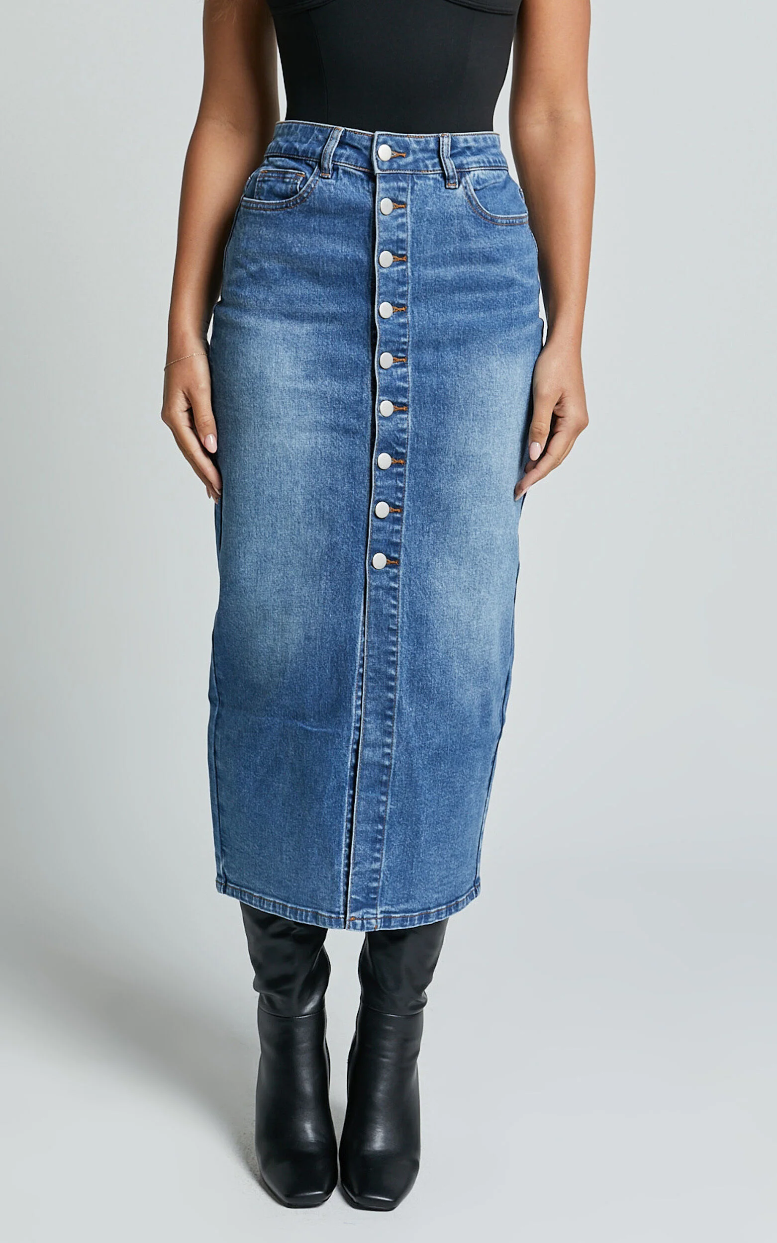 Tina Midi Skirt - High Waist Button Through Recycled Denim Skirt in Mid Blue Wash