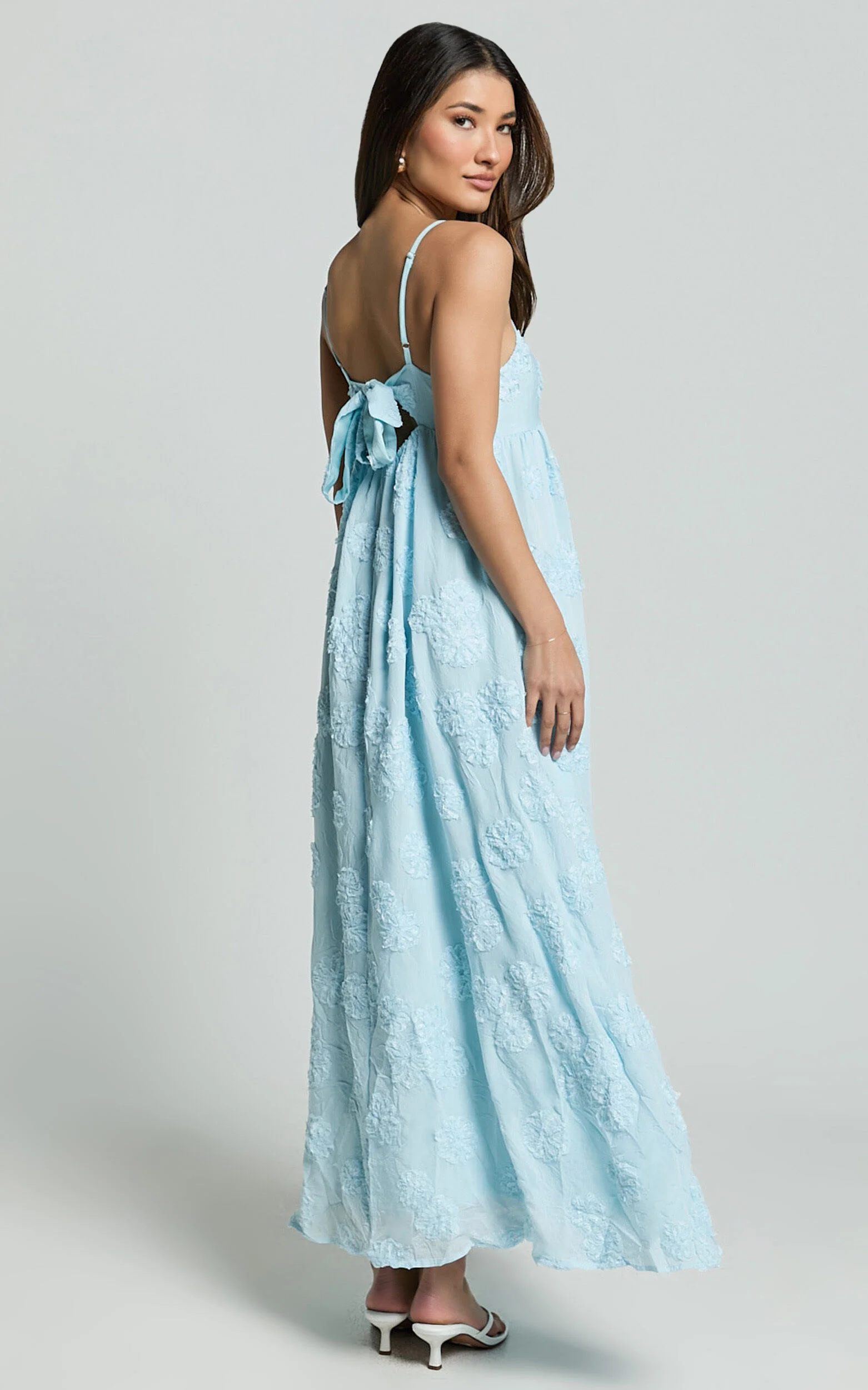 Claya Maxi Dress - Sleeveless Straight Neckline Floral Detail Dress in Pale Blue