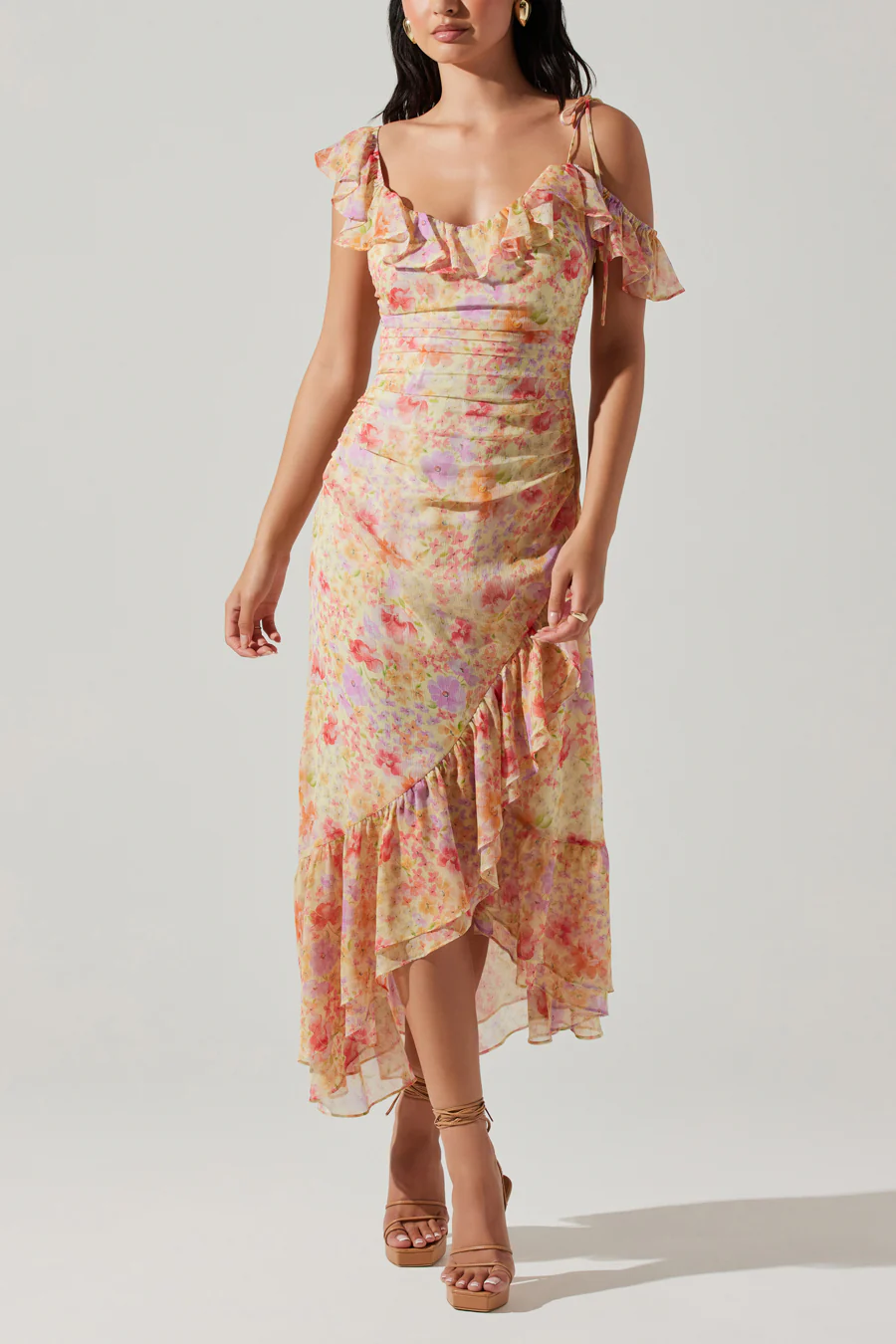 ASTR Luvita Floral Ruffle Chiffon Midi Dress