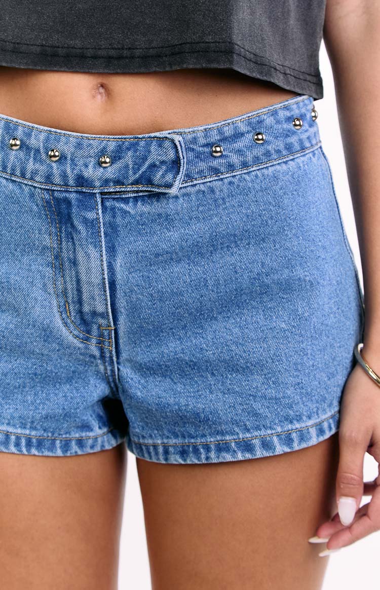 Mollie Mid Wash Denim Low Rise Stud Denim Shorts