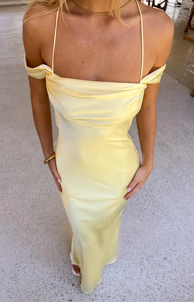 Danni Light Yellow Tie Off Shoulder Formal Maxi Dress