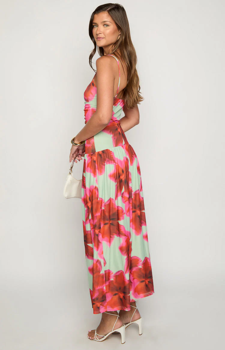 Lilliana Green Floral Print Maxi Dress