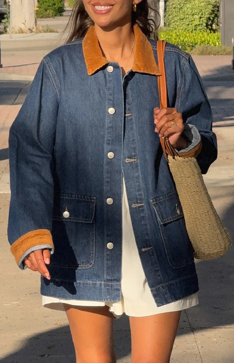 Hendrick Mid Wash Denim Cord Trim Oversized Jacket