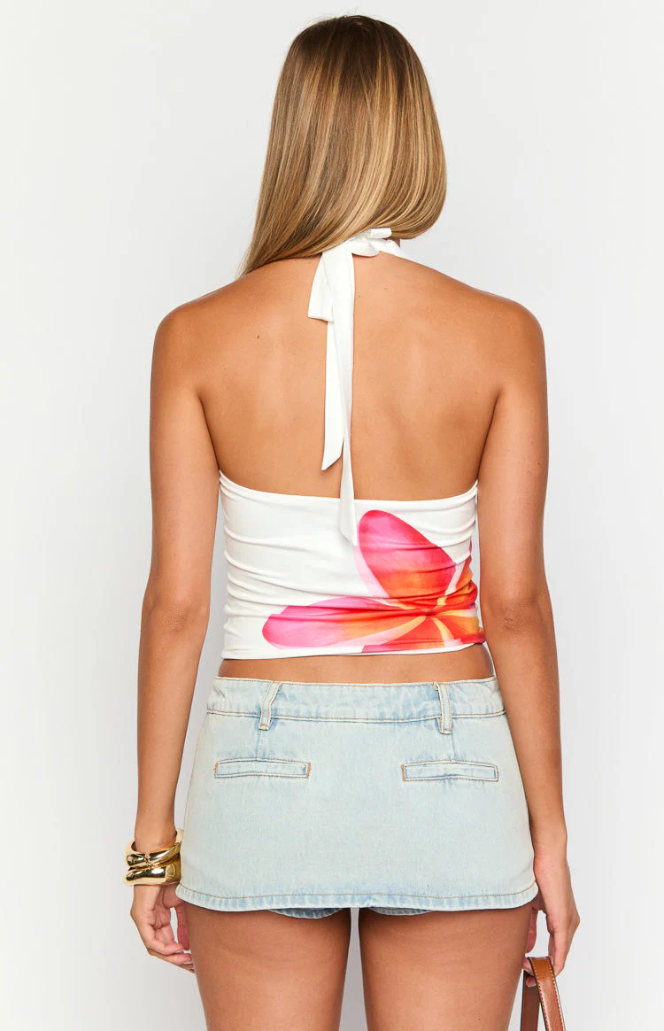 Amora White Frangipani Print Halter Top