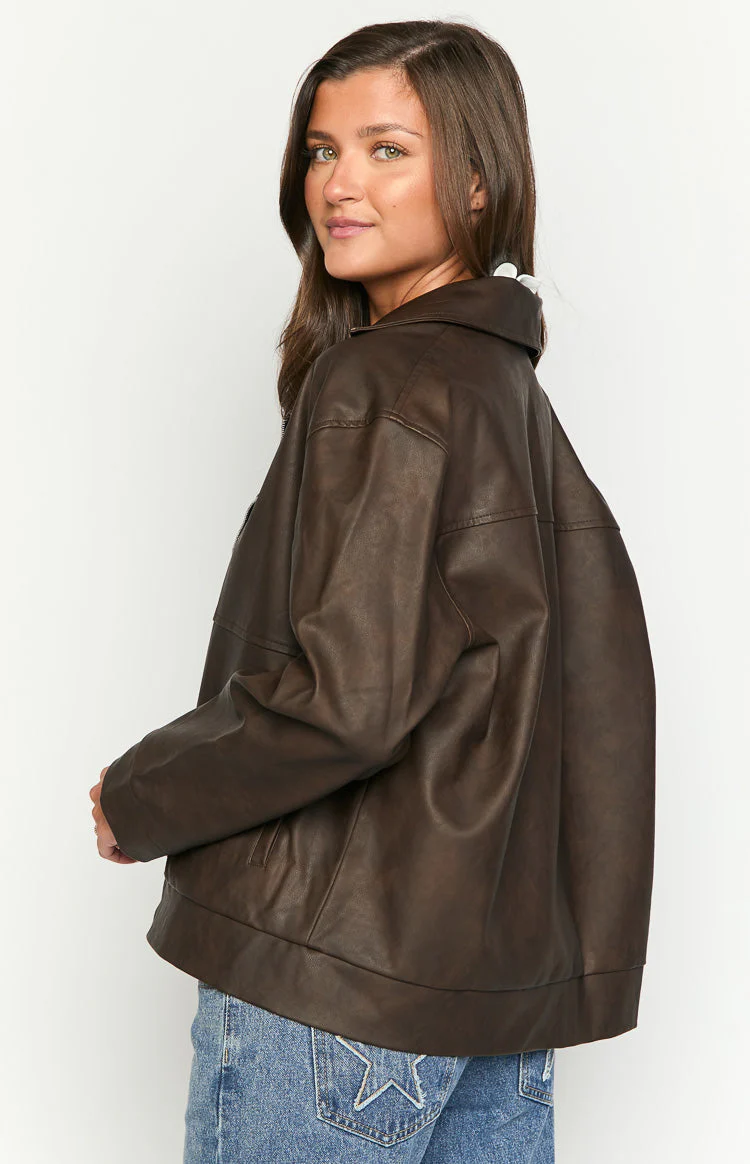 Rochelle PU Chocolate Brown Oversized Biker Jacket
