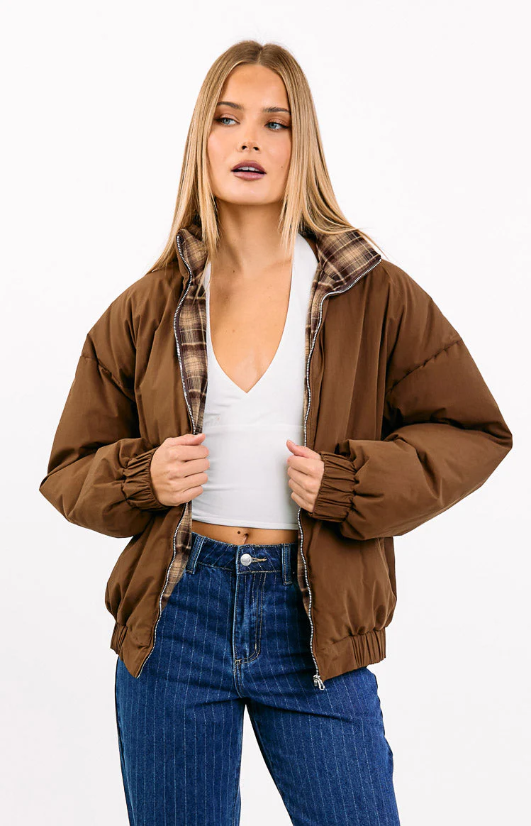 All I Wanted Brown Plaid Puffer Jacket