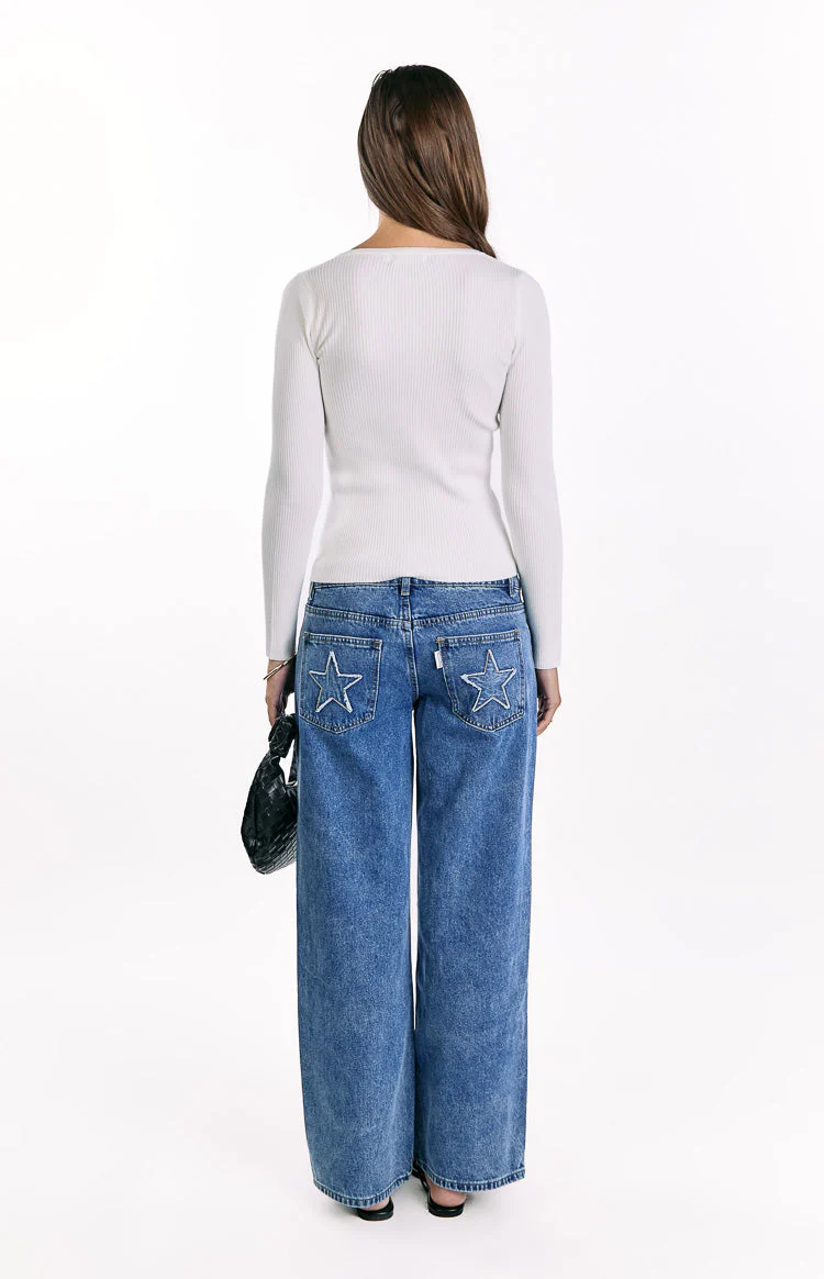 Kippy White Ribbed Knit Button Up Long Sleeve Sweater