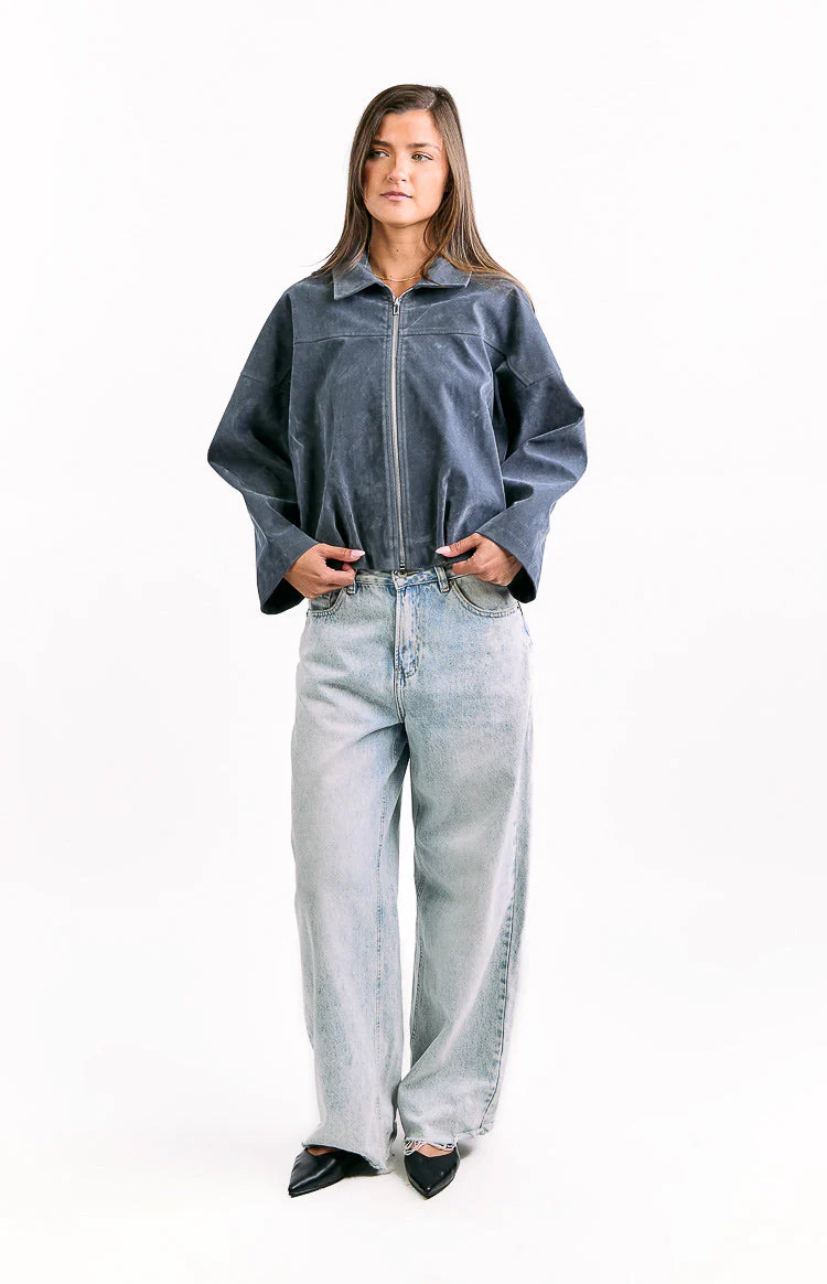 River Steel Grey Suedette Bubble Hem Bomber Jacket