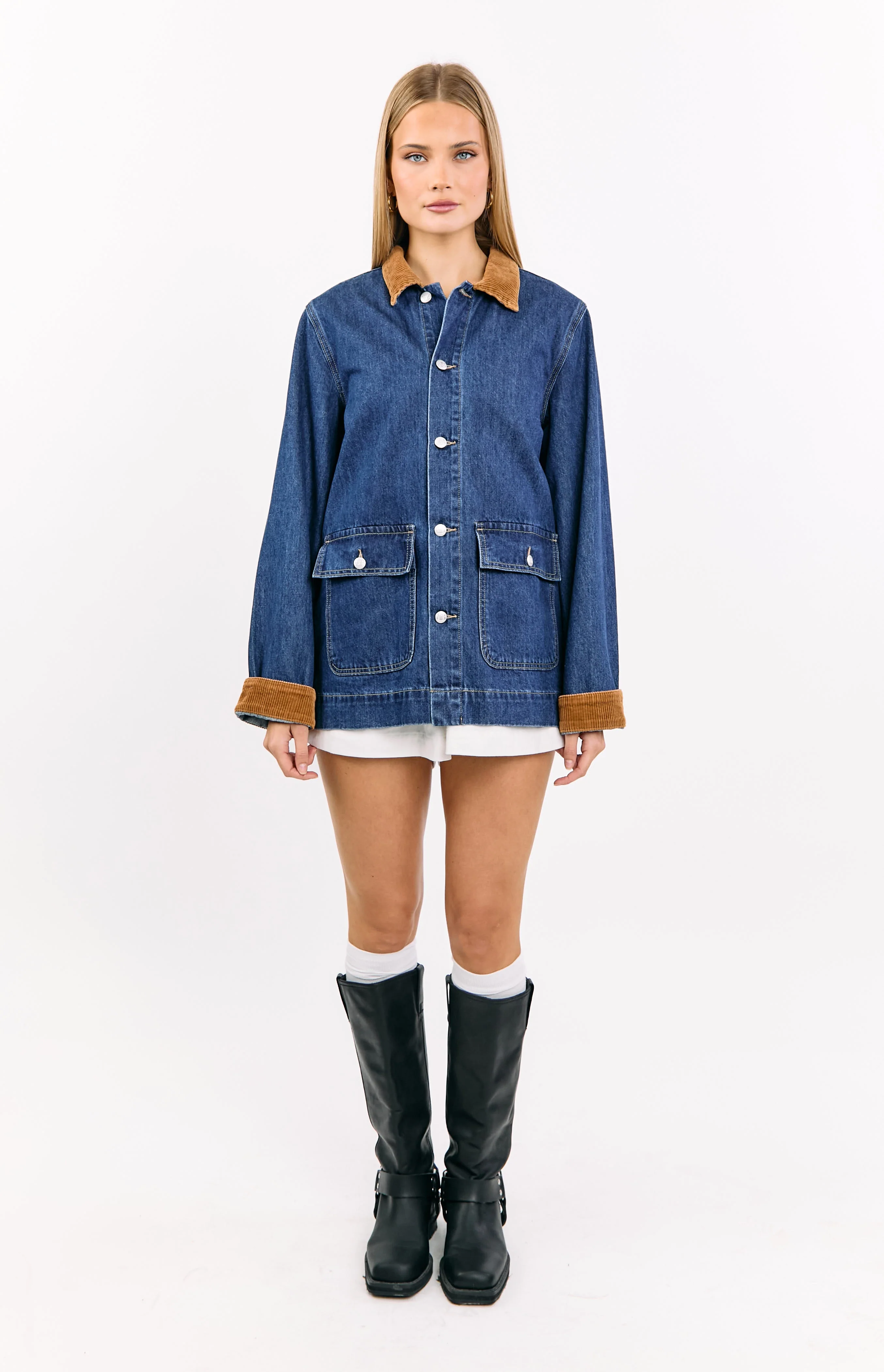Hendrick Mid Wash Denim Cord Trim Oversized Jacket