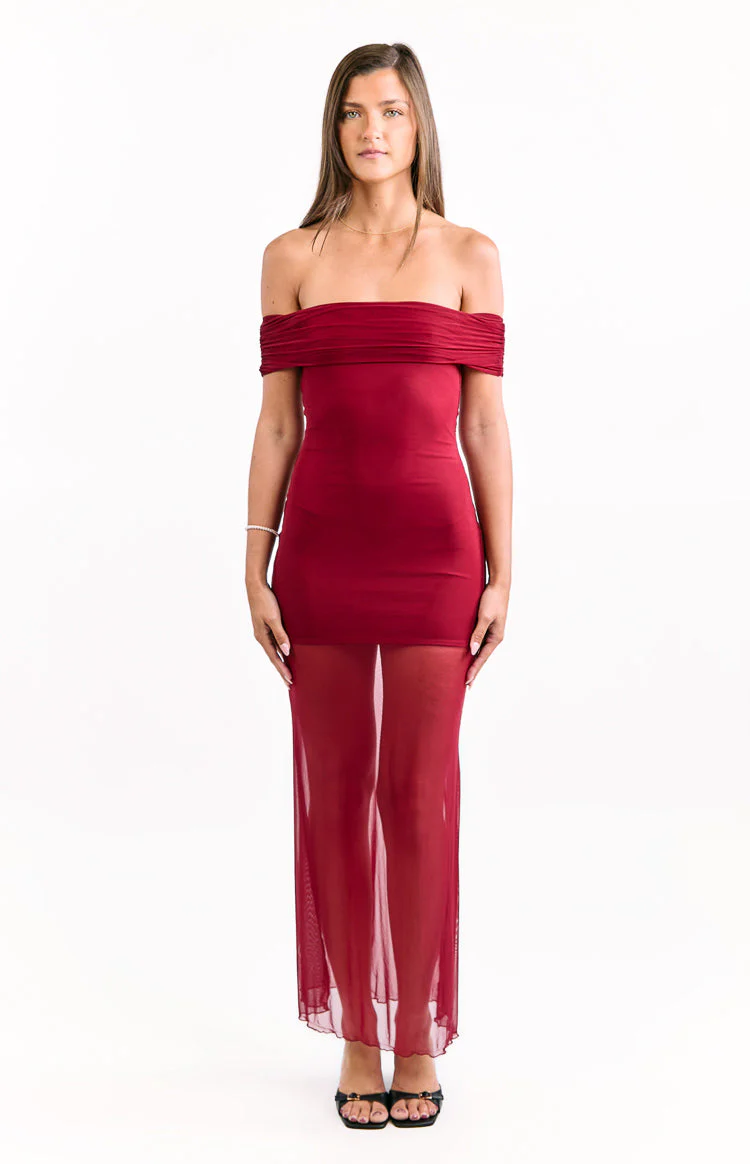 Tabitha Wine Off Shoulder Mesh Maxi Dress