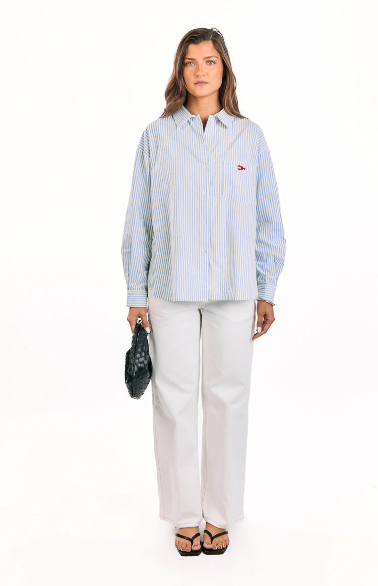Lola Blue Stripe Embroidered Button Up Shirt
