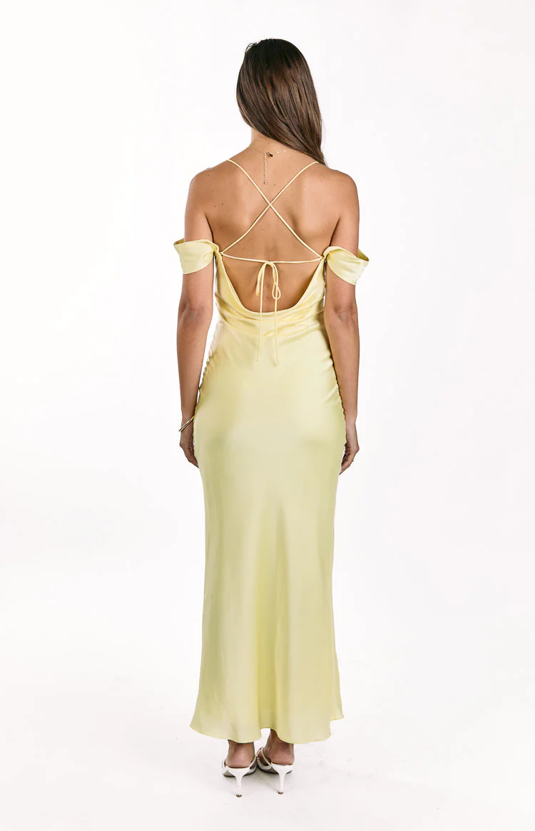 Danni Light Yellow Tie Off Shoulder Formal Maxi Dress