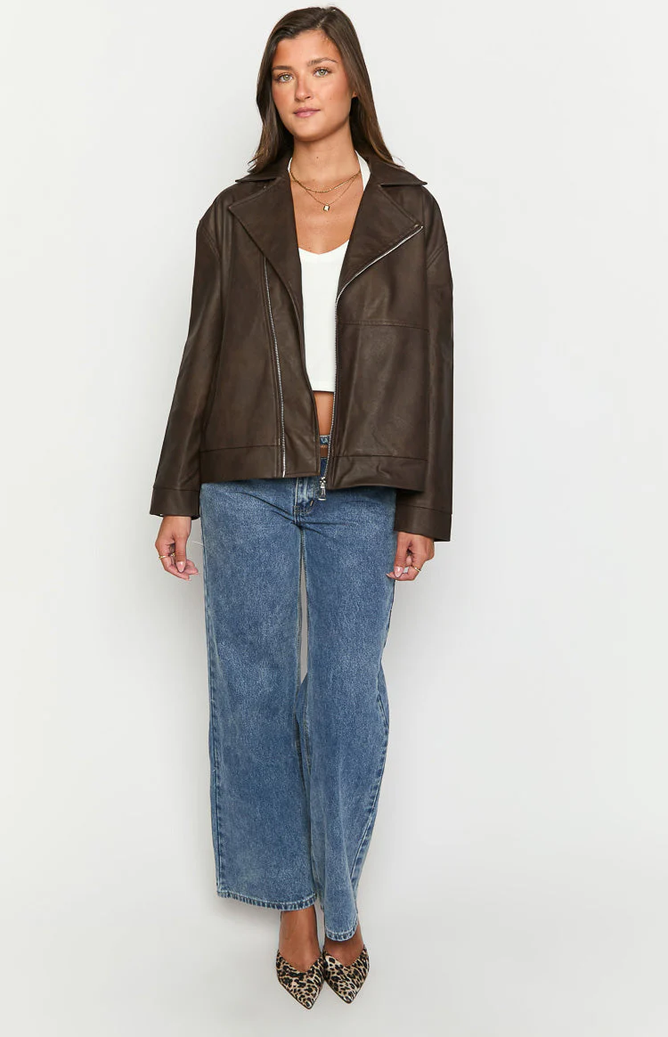 Rochelle PU Chocolate Brown Oversized Biker Jacket
