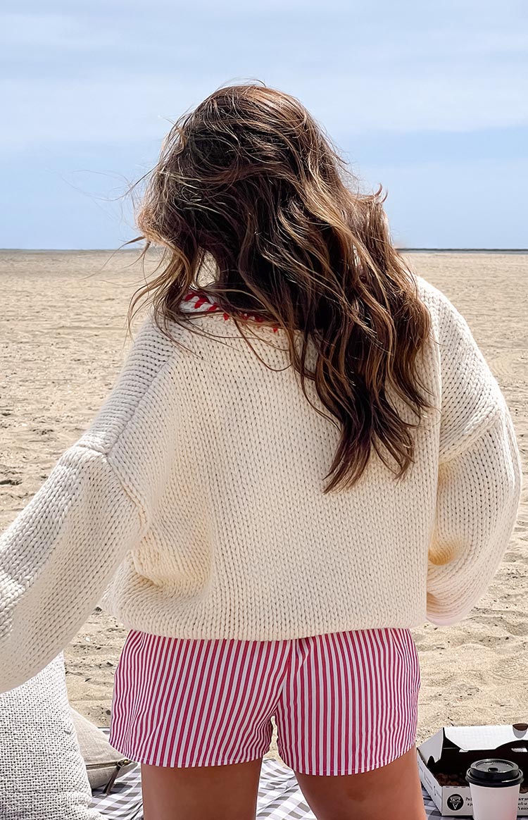 Delvey Cream And Red Contrast Stitch Chunky Knit Sweater