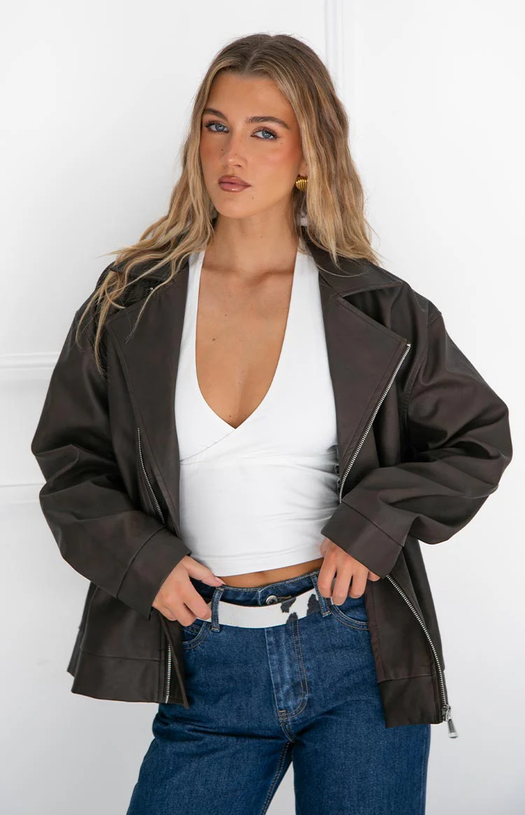 Rochelle PU Chocolate Brown Oversized Biker Jacket