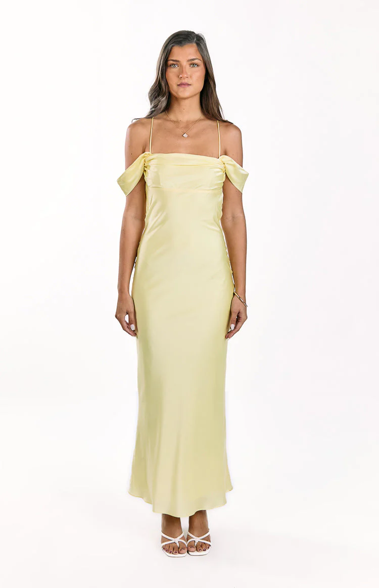 Danni Light Yellow Tie Off Shoulder Formal Maxi Dress