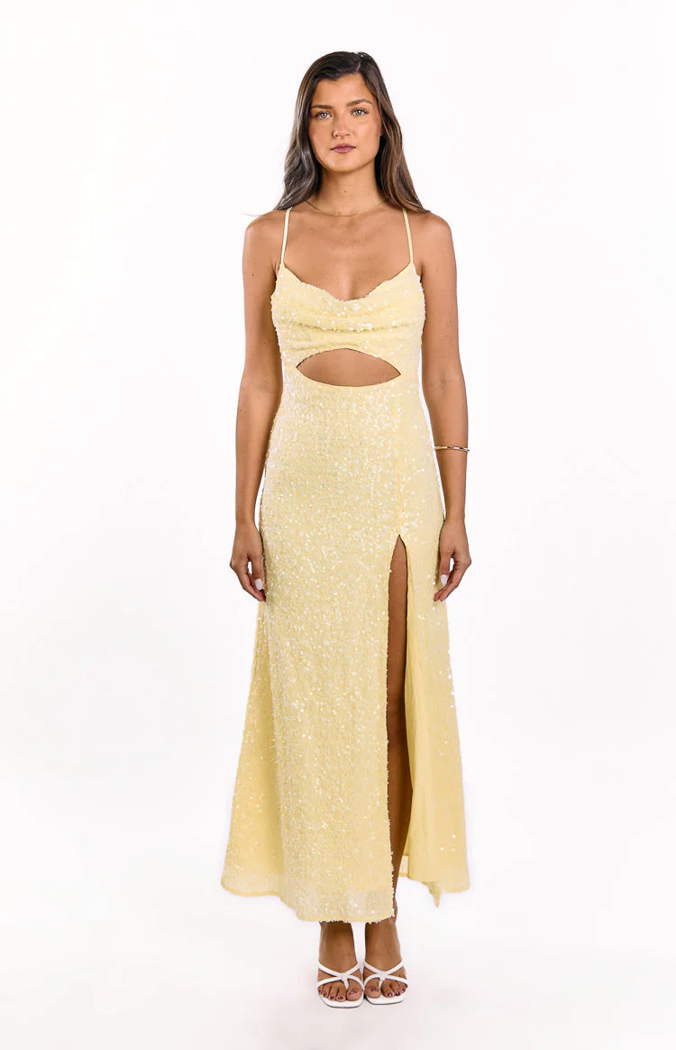 Fallon Yellow Sequin Cut Out Formal Maxi dress