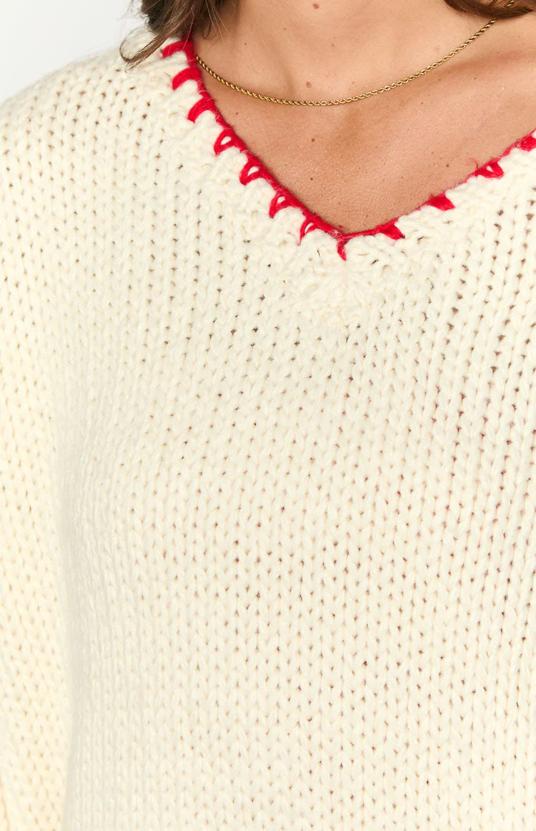 Delvey Cream And Red Contrast Stitch Chunky Knit Sweater