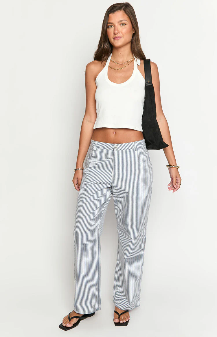 Amity Navy Stripe Mid Rise Straight Leg Jeans