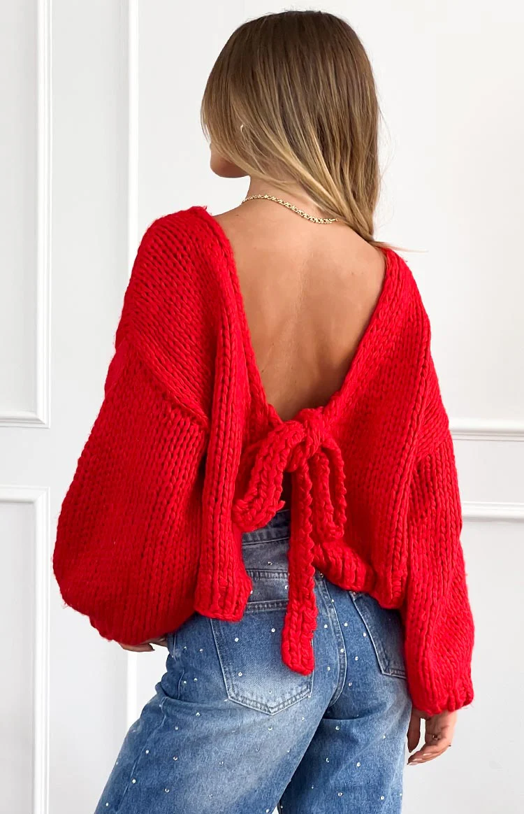 Holiday Red Tie Up Knit Cardigan