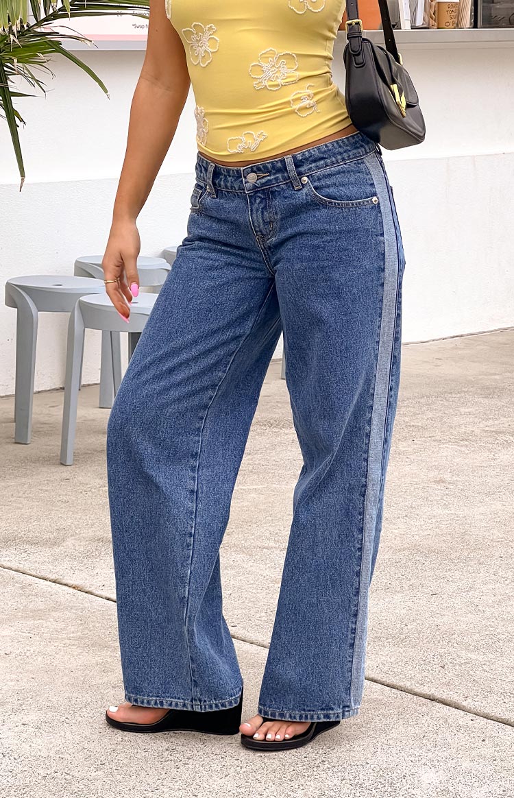 Roonie Contrast Stripe Mid Wash Denim Low Rise Jeans