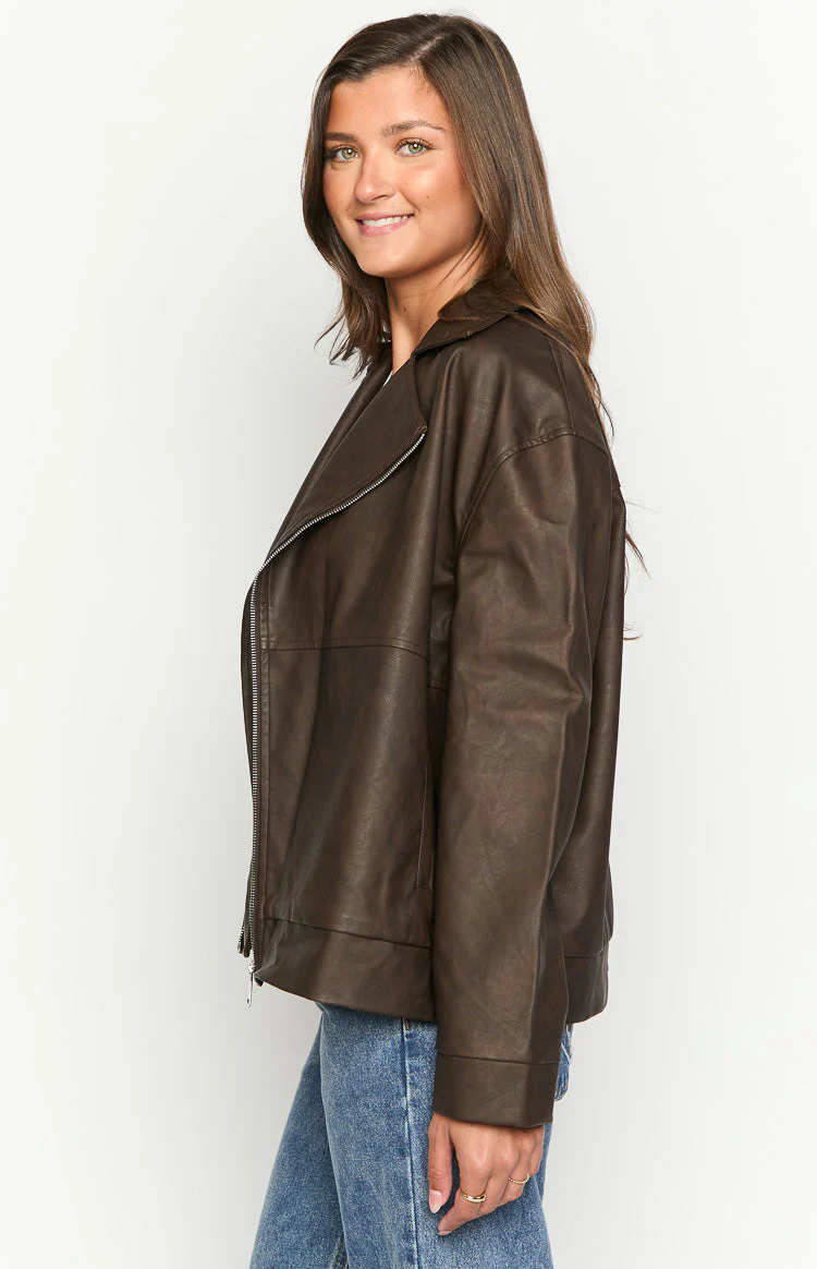 Rochelle PU Chocolate Brown Oversized Biker Jacket