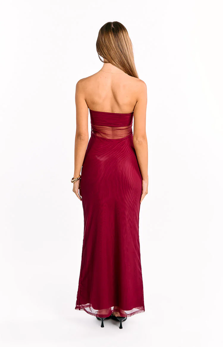 Ryker Wine Strapless Mesh Maxi Dress