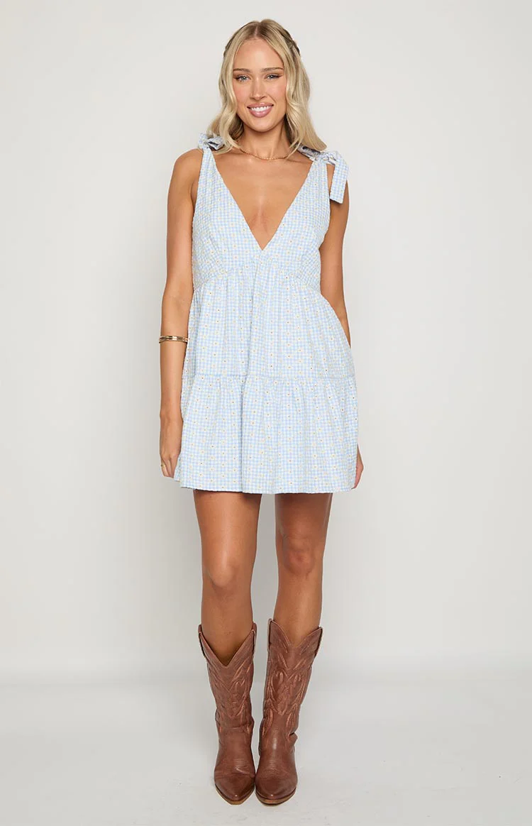 Angel Girl Blue Gingham Floral Mini Dress