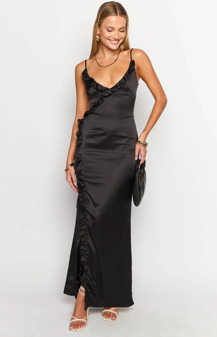 Nahanee Black Satin Ruffle Maxi Dress