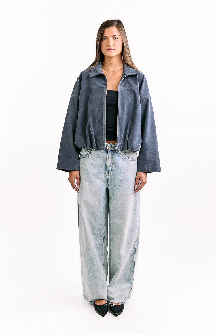 River Steel Grey Suedette Bubble Hem Bomber Jacket