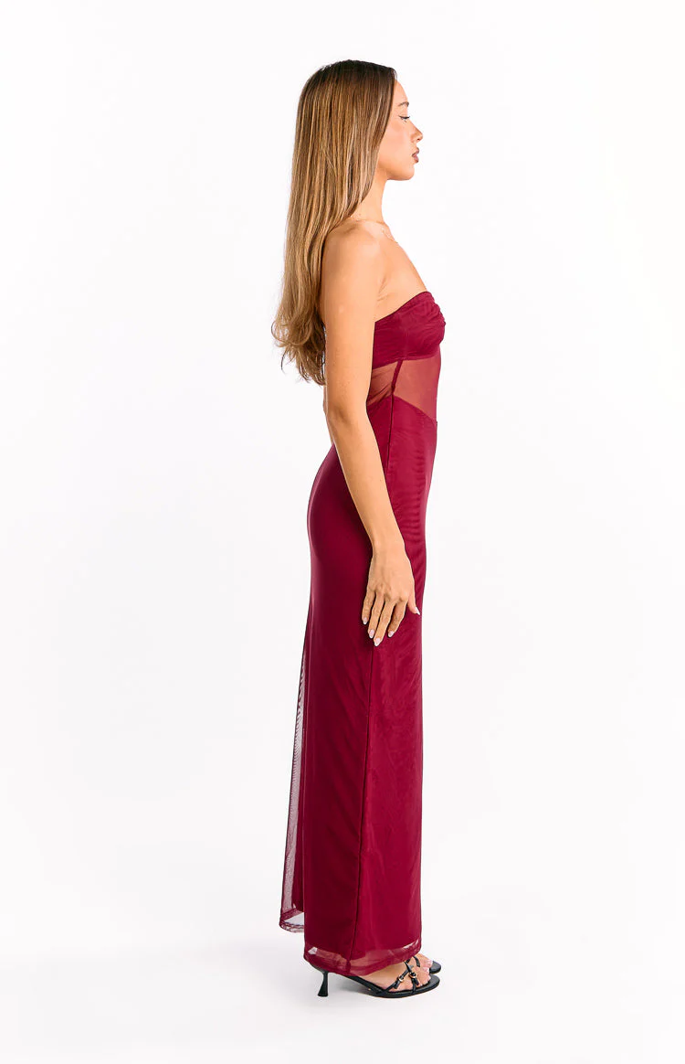 Ryker Wine Strapless Mesh Maxi Dress