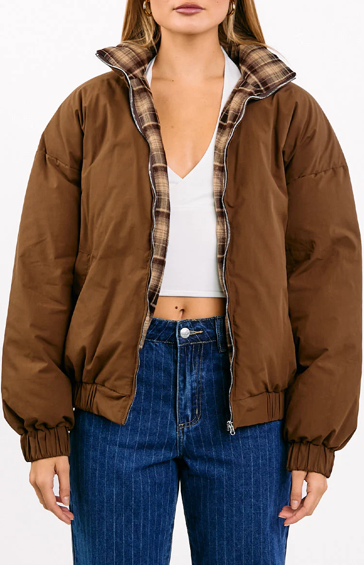 All I Wanted Brown Plaid Puffer Jacket