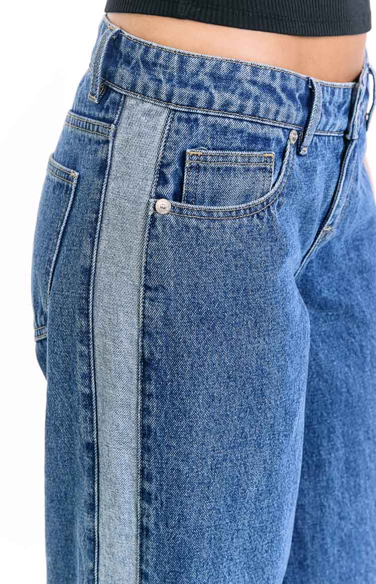 Roonie Contrast Stripe Mid Wash Denim Low Rise Jeans