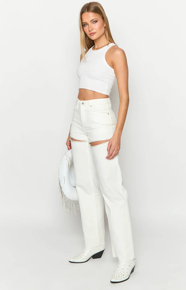 Gem Diamante Trim Wide Leg White Denim Jeans